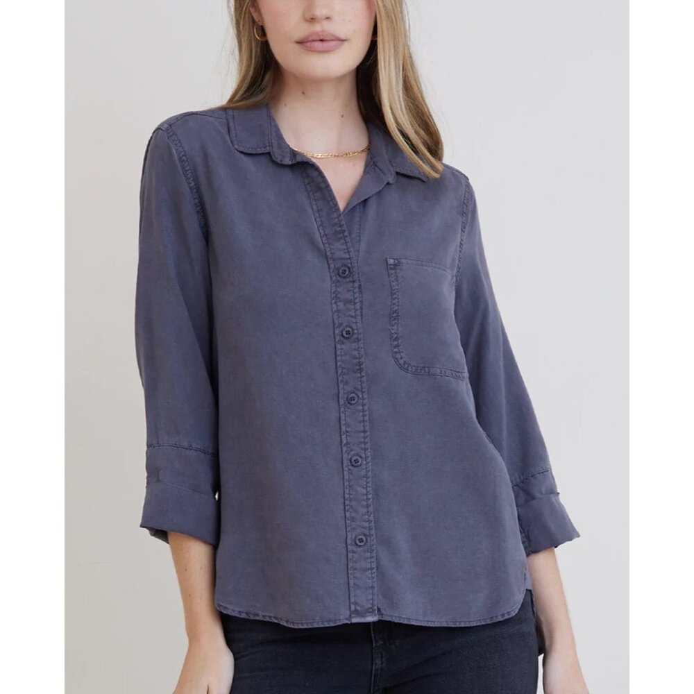 BELLA DAHL Shirt Tail Button Down Shirt Sz XS Dark Grey Button Down 100% Tencel